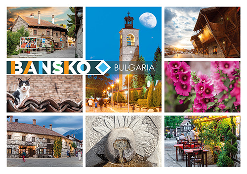 A modern scrapbook collage in the form of a postcard from Bansko, Bulgaria, featuring nine photos of architecture, nature, and city life on a vintage map background.
