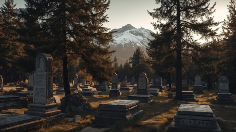 Old tombstones in the cemetery in Bansko against the backdrop of the Pirin Mountains.