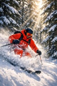 A skier tree skiing in deep snow in the forests of Bansko below Todorka Peak.