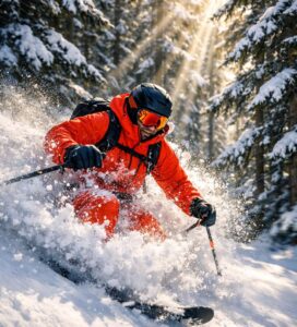 Скиор, каращ tree skiing в дълбок сняг в горите на Банско под връх Тодорка.
