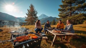 Company picnic and barbecue in Bansko on a meadow in Pirin Mountain