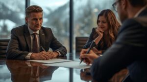 A broker negotiates a property price with buyers in an office in Bansko