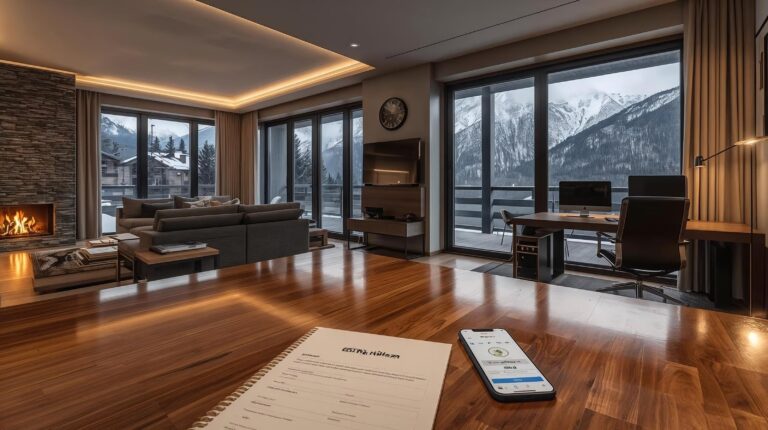 Interior of a winning holiday apartment in Bansko with a workplace and a fireplace.