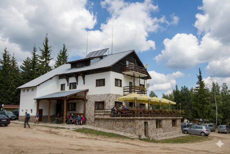 A photo of the Gotse Delchev Chalet in the Pirin Mountains, showing the white stone building, the terrace with umbrellas, the parking lot, and the surrounding pine forest.