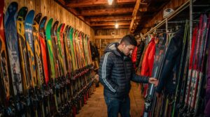 second-hand ski equipment in a shop in Bansko
