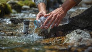 Filling a bottle with water from a mountain stream in Pirin