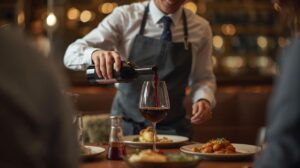 A professional waiter serves wine in a restaurant - an example of good service
