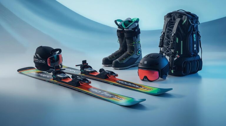 Ski equipment 2026 including Atomic skis, BOA boots and avalanche backpack