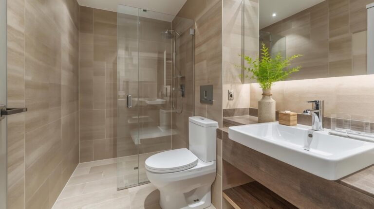 Clean and tidy bathroom in an apartment in Bansko with a closed toilet bowl