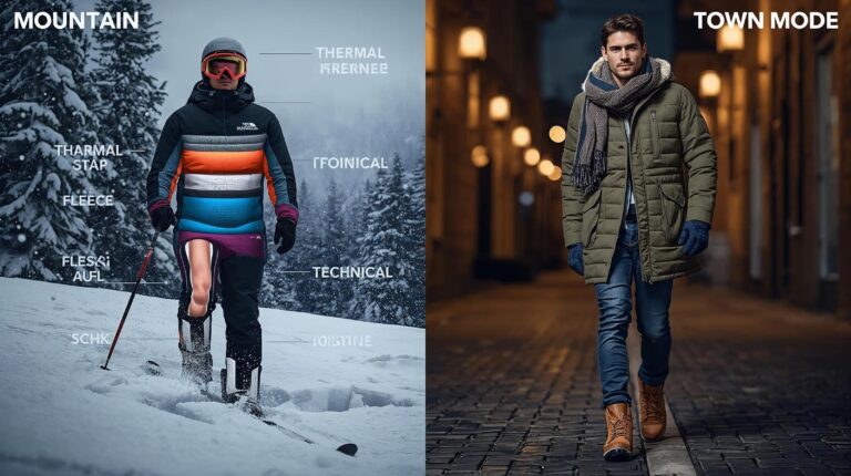 Comparison between ski clothing and city clothing for Bansko