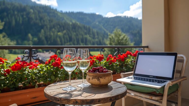 Sunny balcony in Bansko in the summer with a laptop and a view of the green mountain.