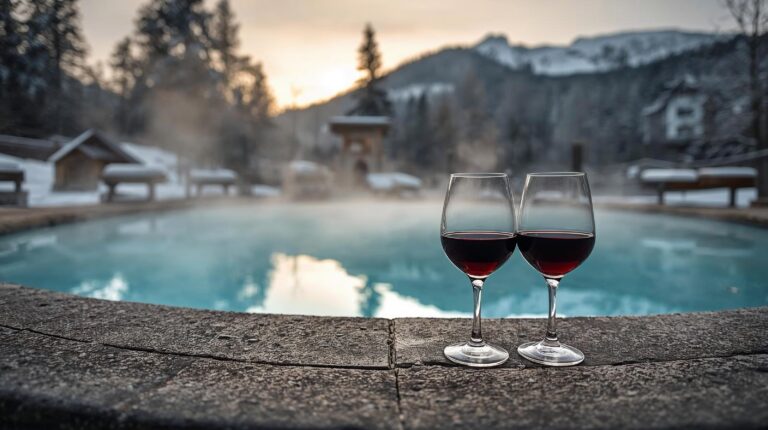 Glasses of red wine next to an outdoor mineral pool in Bansko with the snowy Pirin Mountains in the background.