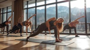 Group training for abs and buttocks (Abs & Booty) in a modern studio in Bansko with a view of the Pirin Mountain.