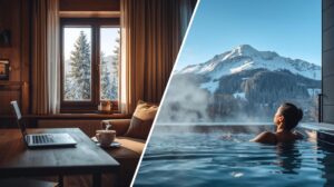 Comparison between long-term accommodation in an Airbnb apartment and a hotel in Bansko with a view of Pirin Mountain.