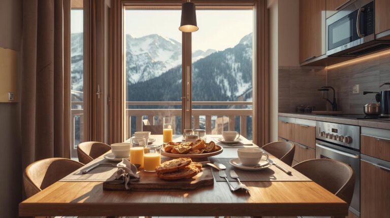 Modern kitchenette in an apart hotel in Bansko with a view of Pirin Mountain