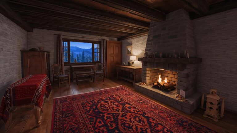 Interior of a room in an authentic guest house in Bansko with a fireplace and wooden ceiling.