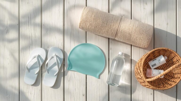 Necessary pool gear - flip-flops, towel, hat and water, arranged for a spa visit