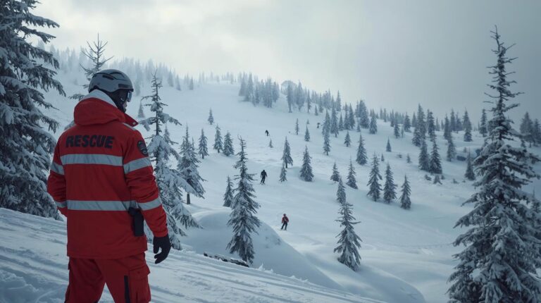Планински спасител наблюдава ски писта в Банско за осигуряване на безопасността на скиорите