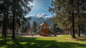 A modern playground in the City Park of Bansko with a view of the Pirin Mountain.