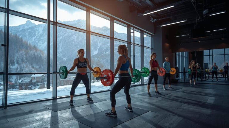 Group Body Pump training in a gym in Bansko with a view of the mountains.
