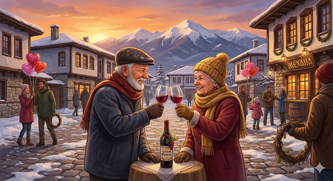 Elderly couple celebrates golden wedding with wine in the center of Bansko in winter