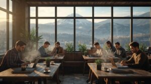 Digital nomads work in a modern coworking space in Bansko with a mountain view.