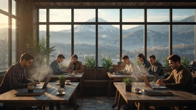Digital nomads work in a modern coworking space in Bansko with a mountain view.