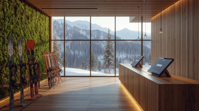 Modern eco ski wardrobe in Bansko with wooden interior and digital rental system