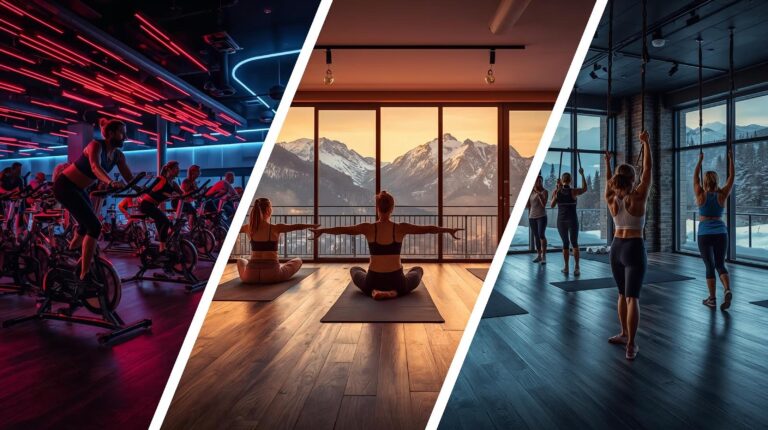 A collage of various fitness and group training sessions in Bansko - yoga, spinning, tennis and boxing with a view of Pirin Mountain.