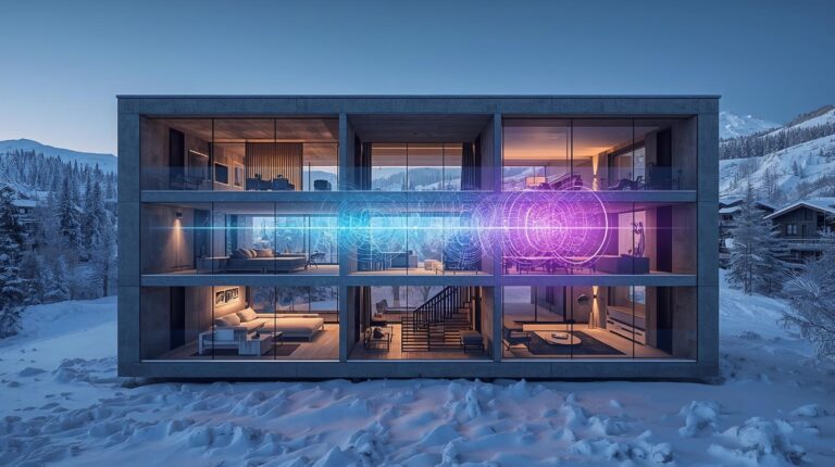 3D diagram of flanking noise transmission through walls and floors in a modern apartment in Bansko.