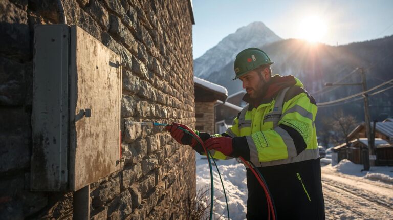 A G Net technician installs fiber optic internet in a house in Bansko