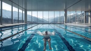 An Olympic-size indoor swimming pool in a hotel in Bansko with mountain views.