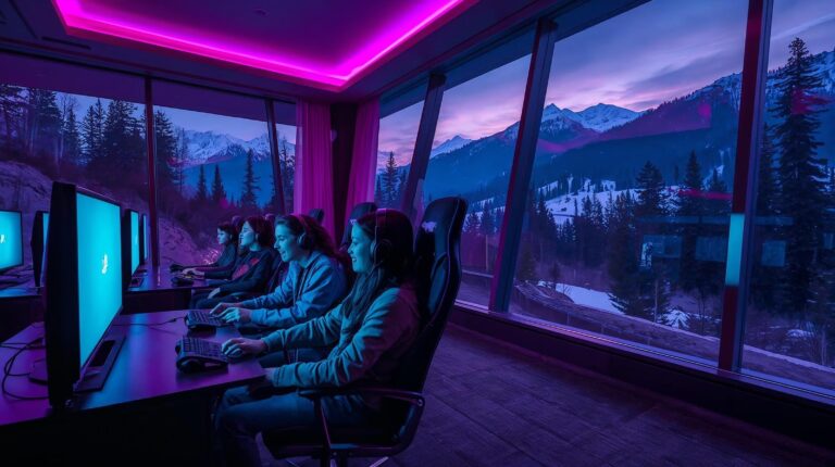 Modern gaming room for teenagers in a hotel in Bansko with Playstation 5 and mountain views.