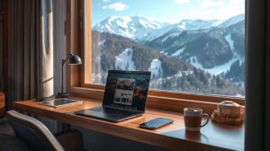 A modern laptop on a desk in a hotel room in Bansko with a view of Pirin Mountain, 2026.