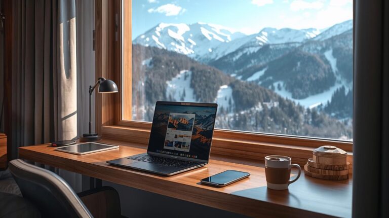 A modern laptop on a desk in a hotel room in Bansko with a view of Pirin Mountain, 2026.