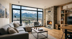 Современная обстановка квартиры в Банско с видом на гору Пирин.