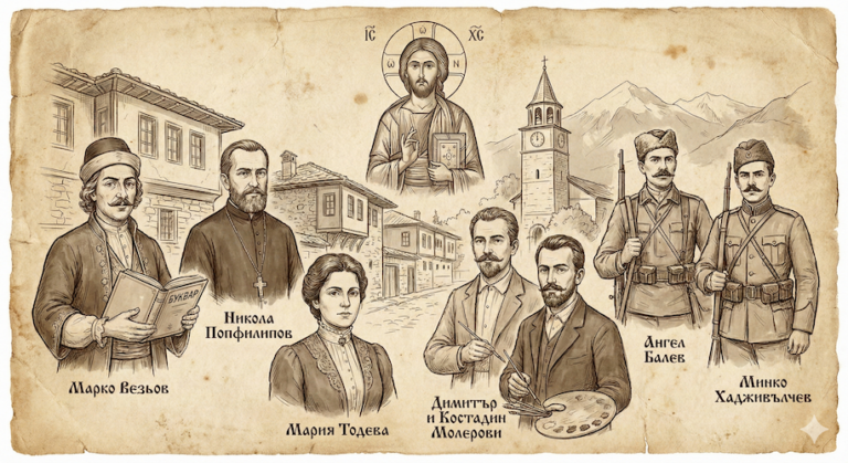 Artistic illustration-collage in an old-fashioned style, depicting prominent figures of Bansko: Marko Vezyov, Popfilipov, Molerov, Maria Todeva, Angel Balev and the style of Toma Vishanov.