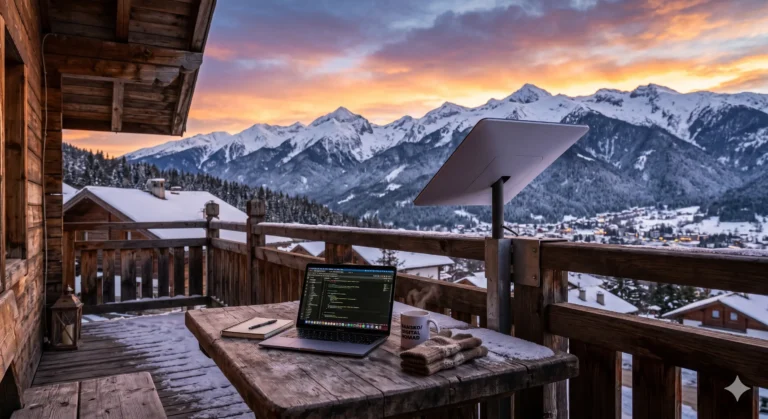 Starlink антена монтирана на вила в Банско с изглед към Пирин планина