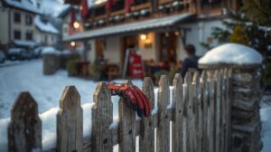 Lost winter glove left on a fence in the town of Bansko