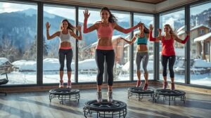 A group of women practice Kangoo Jumps with an instructor at Fit Station Bansko