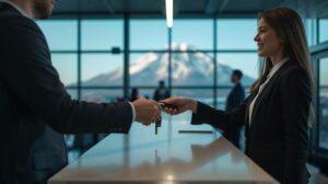 A customer rents a car at a counter at Sofia Airport for a trip to Bansko.