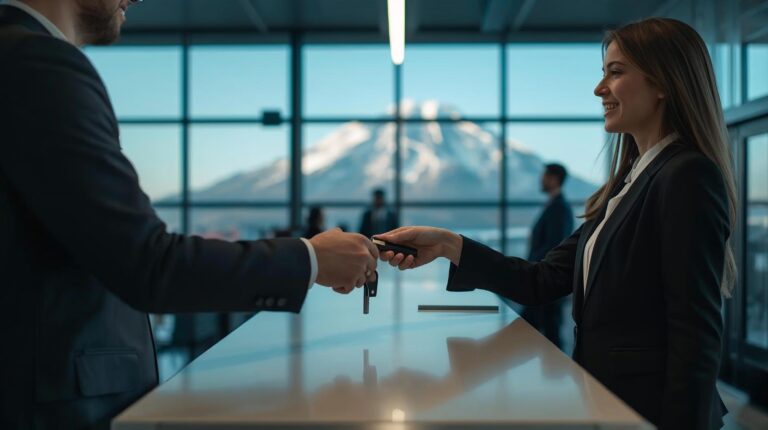 A customer rents a car at a counter at Sofia Airport for a trip to Bansko.