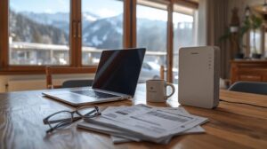 Laptop, router and utility bills on a desk with a panoramic view of the mountains in Bansko.