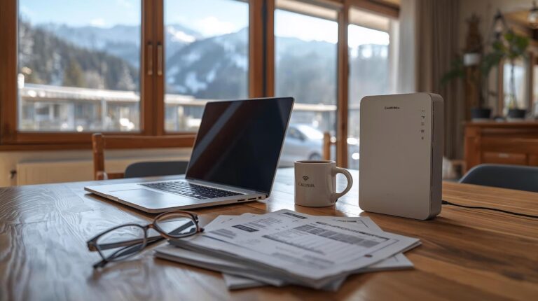 Laptop, router and utility bills on a desk with a panoramic view of the mountains in Bansko.