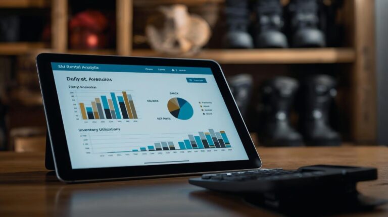 Financial indicators for a ski wardrobe - tablet with graphs for profit and employment