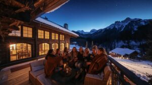 A large mountain villa in Bansko in winter with illuminated windows and a group of friends in front.
