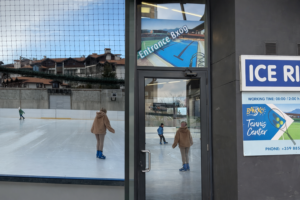 Collage of an ice rink in Bansko with people skating and an entrance to a sports center with an "Ice Rink" sign and opening hours.