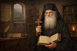 Neofit Rilski sat behind a desk with the first Bulgarian globe and Bulgarian grammar.