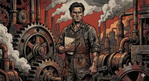 Nikola Vaptsarov portrait with working clothes and industrial background.