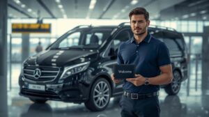 A professional driver welcomes tourists for a transfer to Bansko